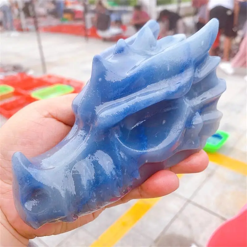 

15CM Natural Blue Aventurine Dragon Skull Crystal Carved Polished Animal Powerful Statue Crafts For Home Decoration Gift 1PCS