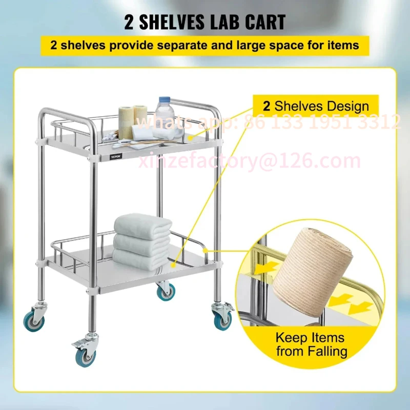 Troli Perawatan Stainless Steel 2 Rak yang Dapat Disesuaikan, Troli Instrumen Tiga Lapis
