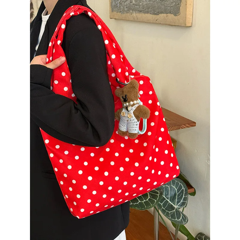 

Корейская холщовая сумка в горошек для женщин, новинка 2025 года, большая вместительная сумка на одно плечо, сумка-жилет для ленивых поездок на работу