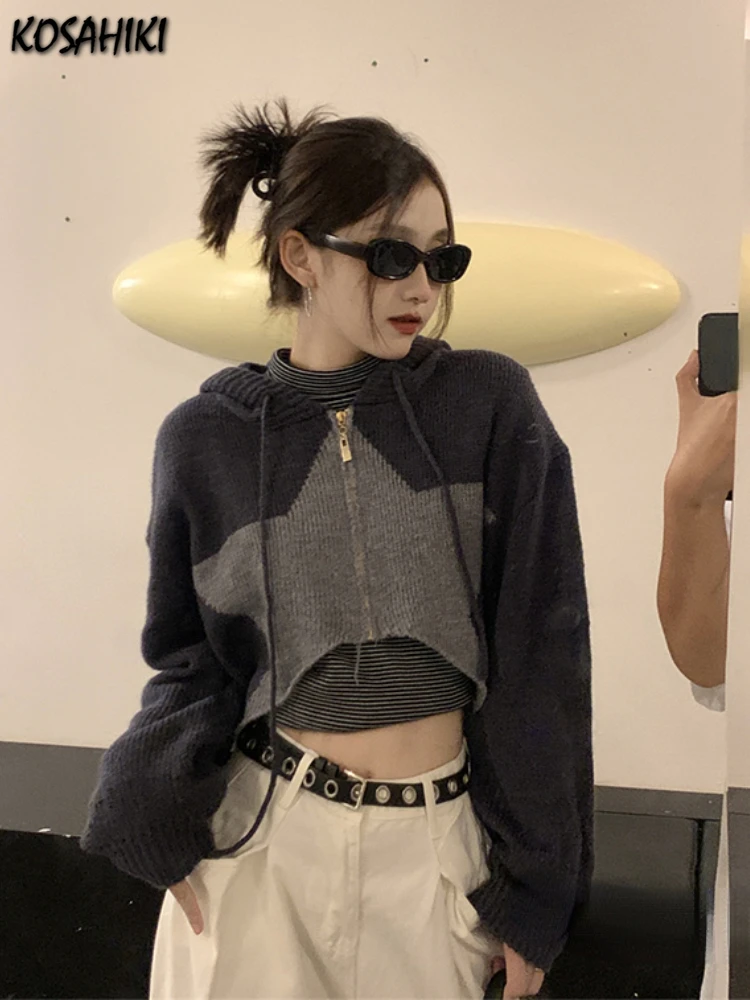 Y2K Vintage Women Irregular Cropped Cardigan Chic Star Patch Jackets Top Hooded Knit Casual Loose Sweater Casacos Trico Feminino