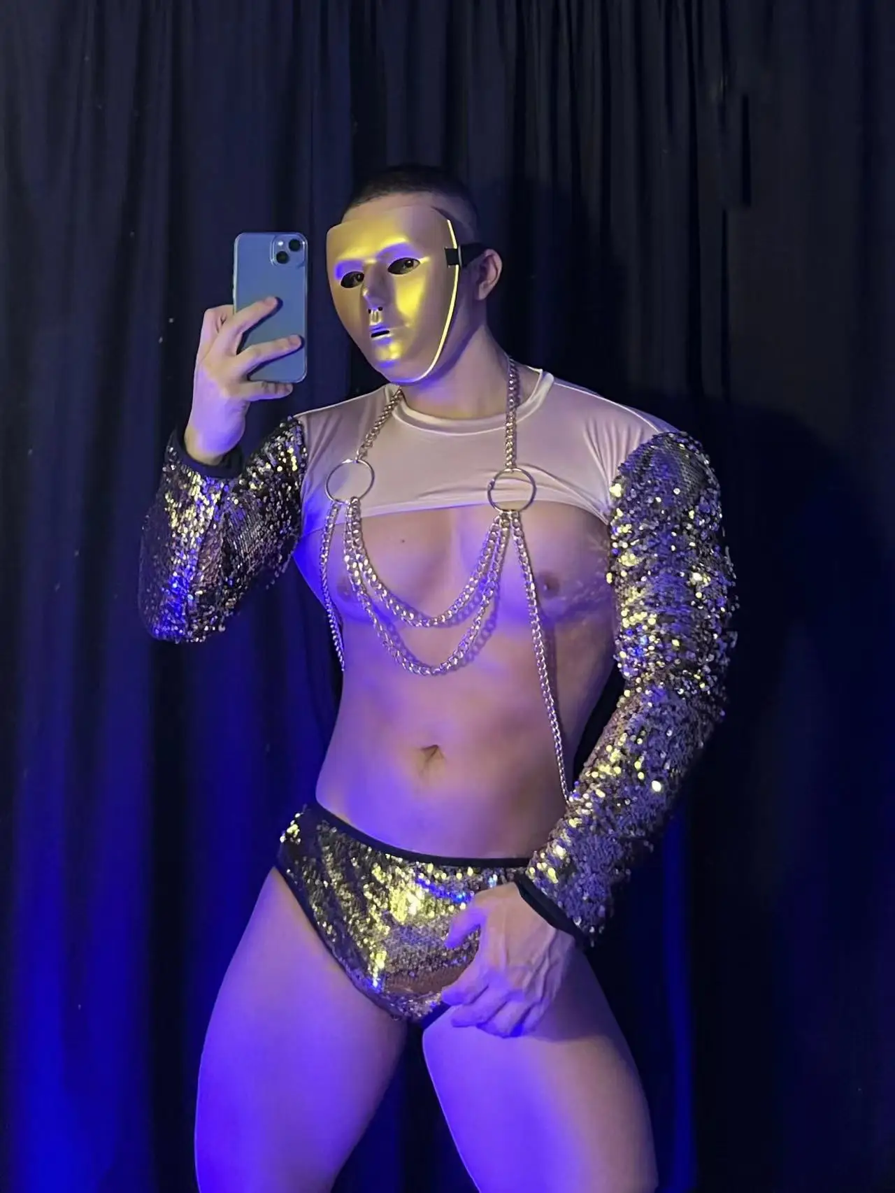 골드 스팽글 탑 팬츠 공연 의상 클럽 파티 쇼 레이브 의상 남성 섹시 무대 의상 나이트클럽 바 DJ 댄서 고고 코스튬