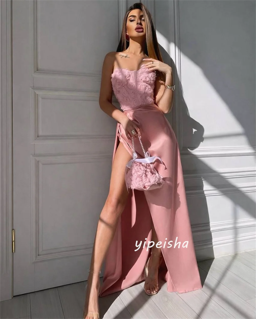 Customized Formal Modest Flower Pleat Ruched A-line Strapless Floor-Length Evening Dresses Sizes Available Matching