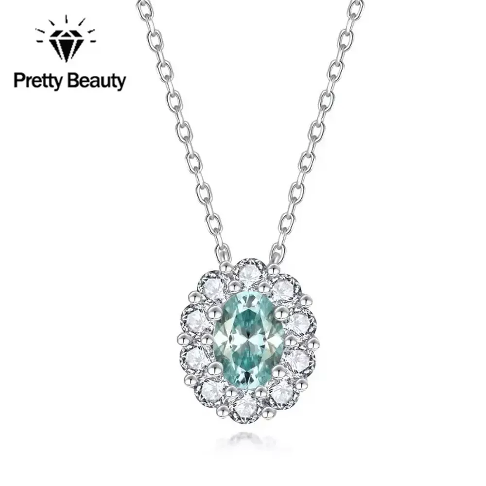 

Pretty Beauty S925 Sterling Silver 1CT Lake Blue Oval Cut Moissanite Halo Pendant Necklace Bracelet for Women Fine Jewelry Set