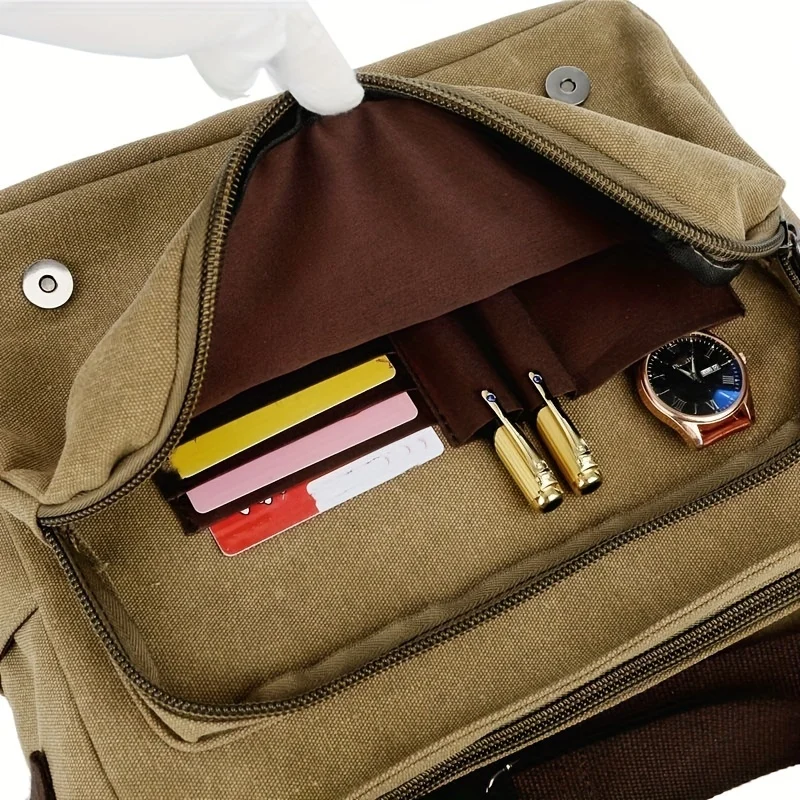 Retro Canvas Messenger-Tasche für Herren Große Laptop-Tasche Lässige Umhängetasche für Freizeitaktivitäten Tägliche Pendler-Tasche, Schultaschen College-Taschen – Detail 5