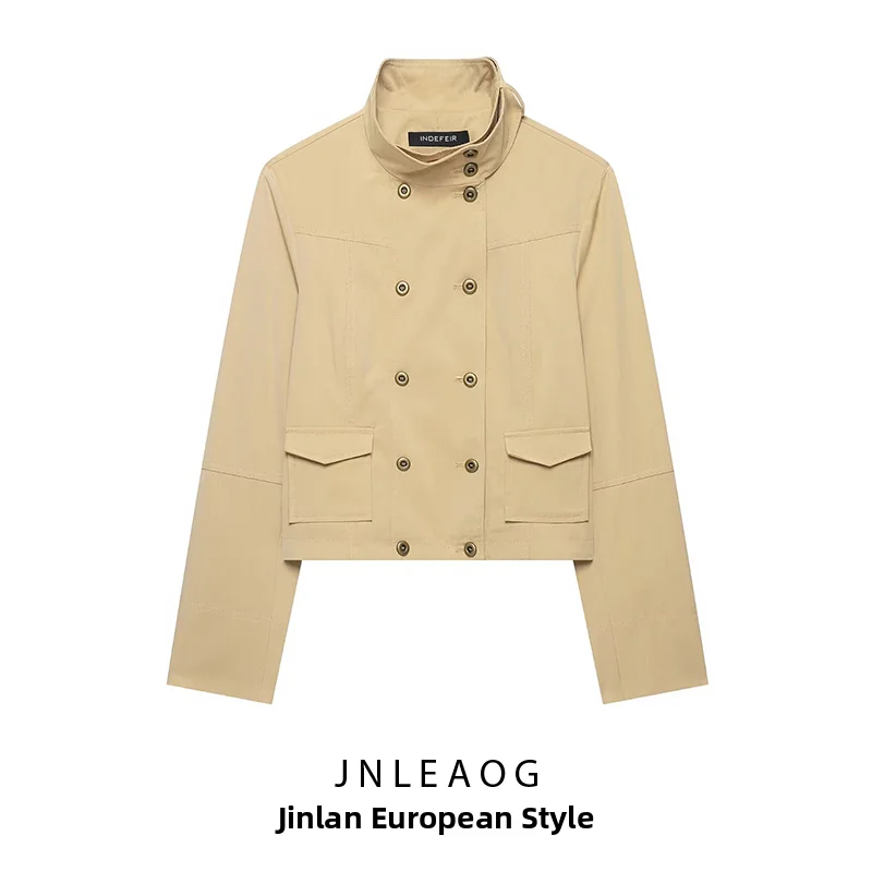 Fashionable Stand Collar Pocket Decorated Outerwear for Women Summer New Arrival Polyester Standard Fit Long Sleeve Coat