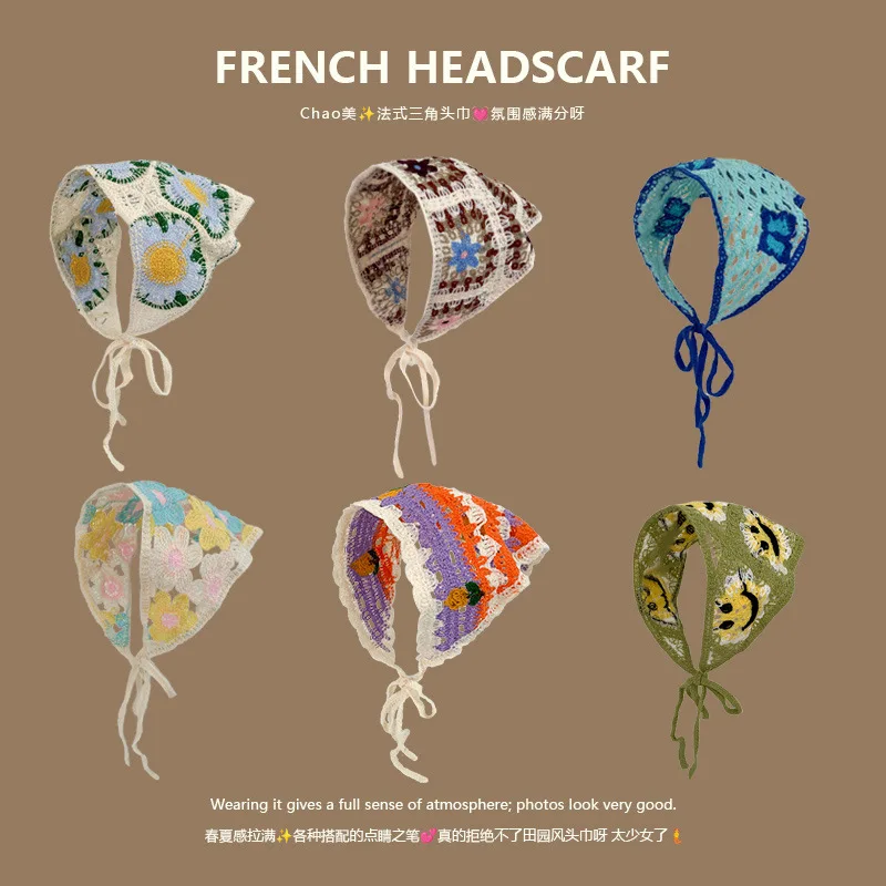 French Retro Knit Triangle Head Scarf Sweet Cute Crochet Hair Band For Women Outdoor Travel Daily Party Premium Soft Breathable