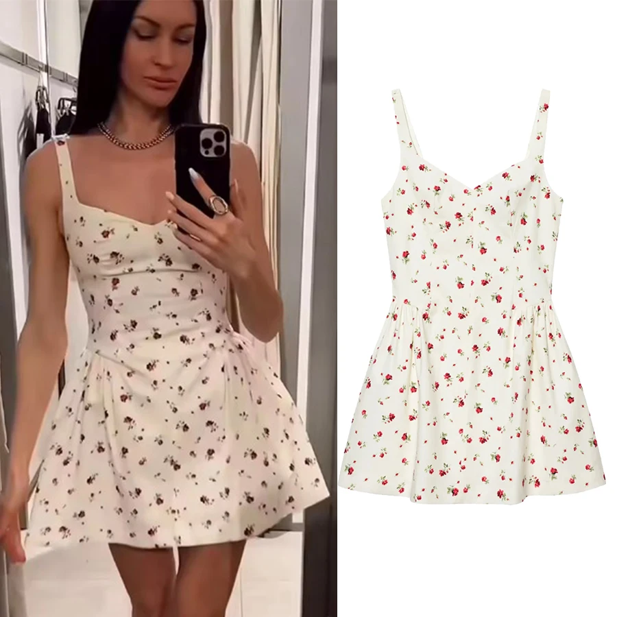 Damen Sommer Blumen-Minikleid Mode Elegantes Hochgeschnittenes Schmales Kleid Sexy Rückenfreies Spaghetti-Träger-Kleid