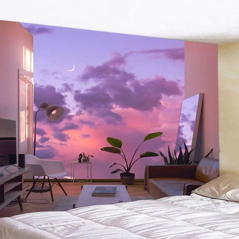 VIKAMA Pink Purple Sunset Moon Curved Cloud Tapestry, Romantic Wall Art Background Cloth for Dreamy Living Room Aesthetic Decor