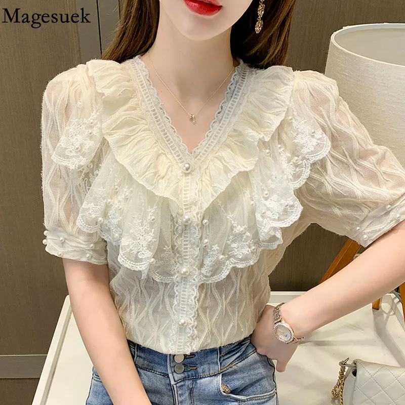 

Summer Ruffle Lace Shirt Women Casual Loose Women's Shirts Chic Beading Hollow Office White Blouss Tops Fashion New Blusas 15536