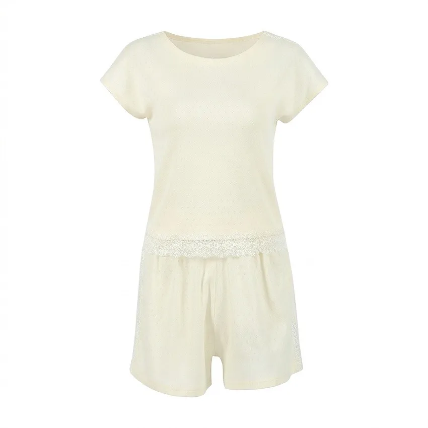 Summer Women Pajamas Shorts Cotton Sleepwear Short Pants Two Piece Set Lounge Shorts Cream Color High Waist Lounge Shorts view 3