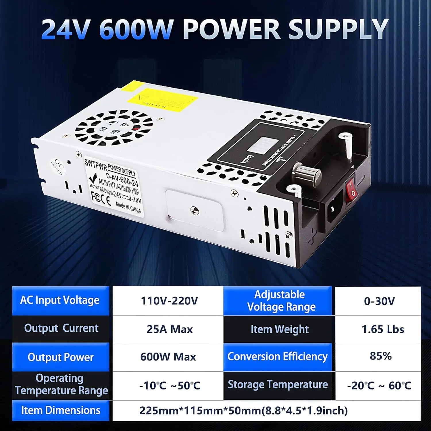 Verstelbare 0-24V DC-voeding 600W met LED-display, 110V naar 24V AC/DC-converter voor LED-verlichting, autoradio, gebruik in de auto