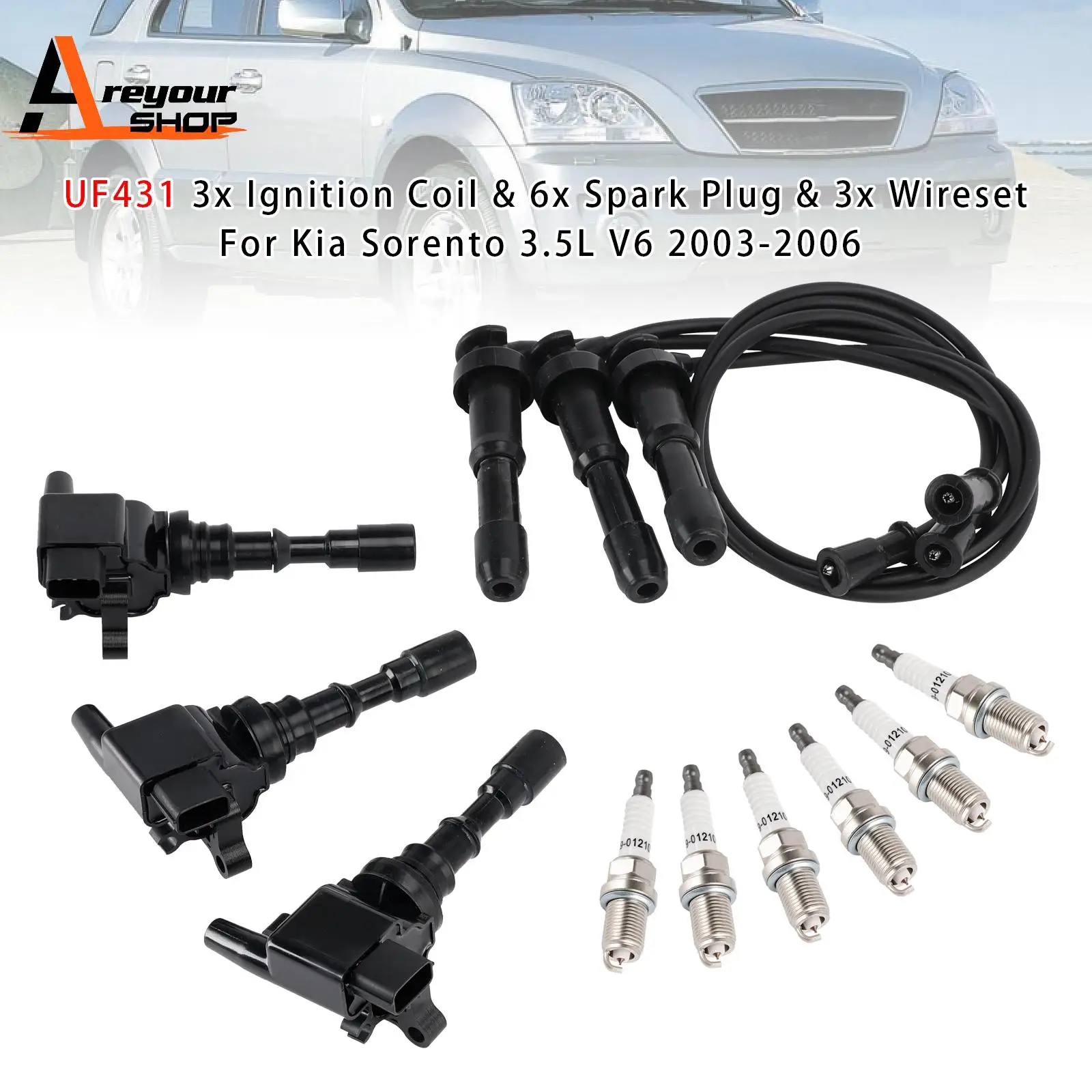 

UF431 3 катушки зажигания, 6 свечей зажигания и 3 провода для Kia Sorento 3.5L V6
