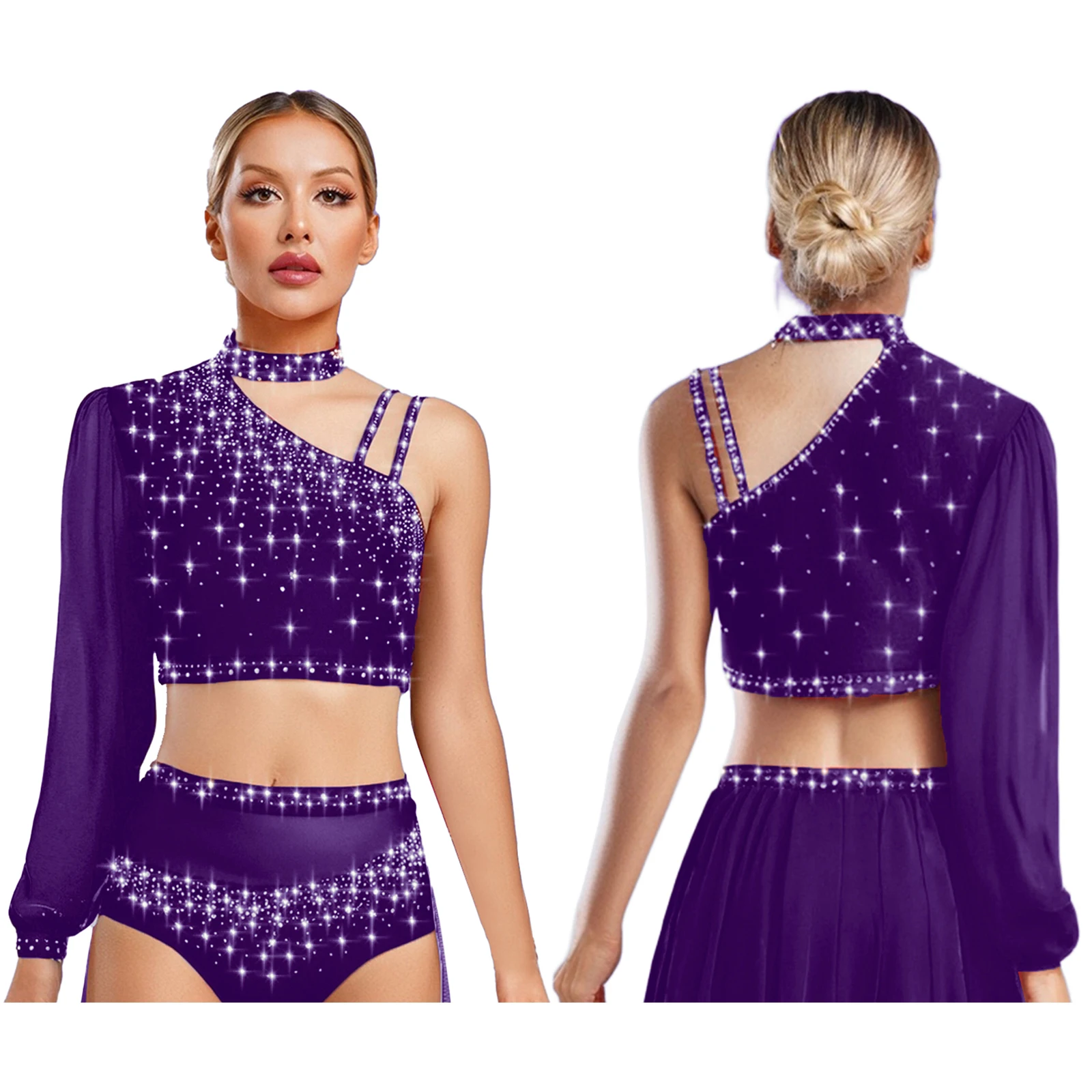 

Contemporary Women Jazz Dance Crop Top Lyrical Dance Costume Asymmetrical Sheer Mesh Long Sleeve Shiny Rhinestone Crop Top