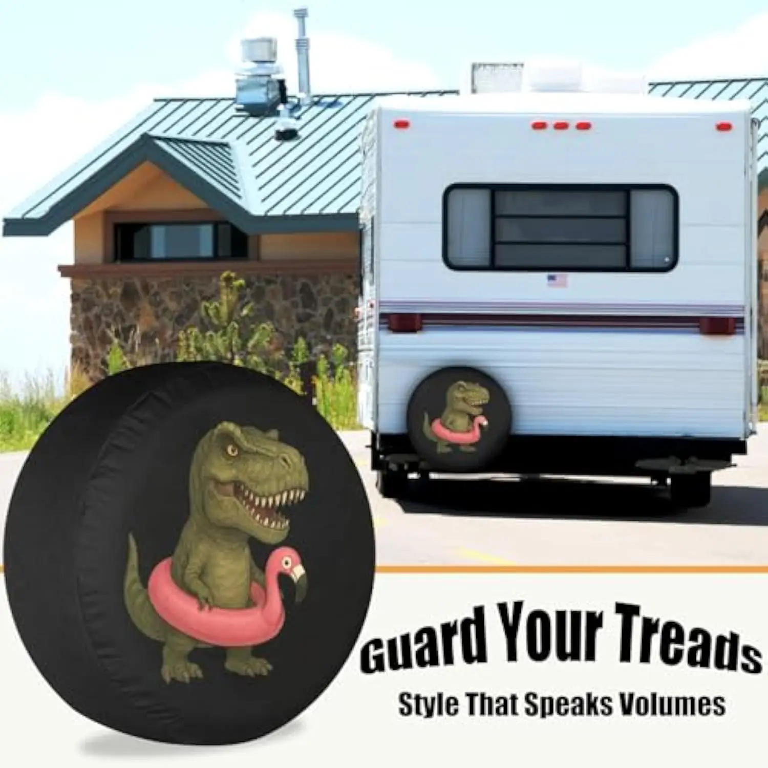 T Rex In Flamingo Float Spare Tire Cover Funny Dinosaur Weatherproof SUV Trailer Accessory