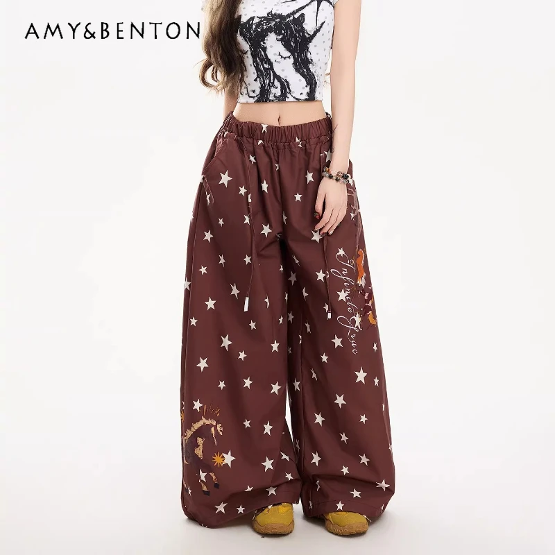 

American Casual Star Full Print Women's Wide-leg Pants 2026 Summer High-waisted Loose Versatile Straight Drape Trousers Ladies