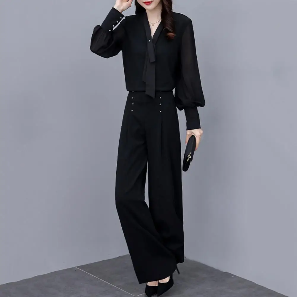 Women Commuter Suit Lady Office Clothes Elegant Office Attire Set with V Neck Blouse Wide Leg Trousers Professional for Women