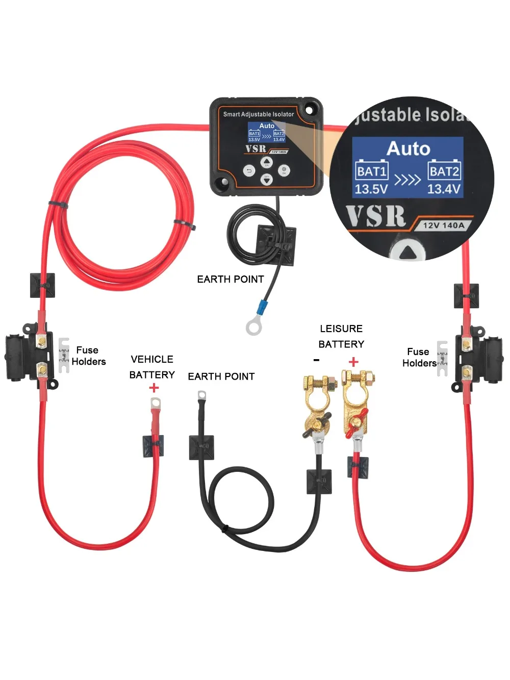Verstelbare spanning dubbele batterij-isolator 12V 140Amp VSR voor lithium- en loodzuurbatterij Slijtvaste auto-accessoires 3/5/7m - afbeelding 2