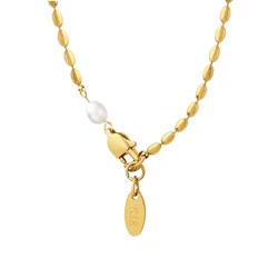 French Stainless Steel 18K Gold Plated Beaded Chain Natural Pearl Charm Necklace for Women Girls Waterproof Jewelry Gift