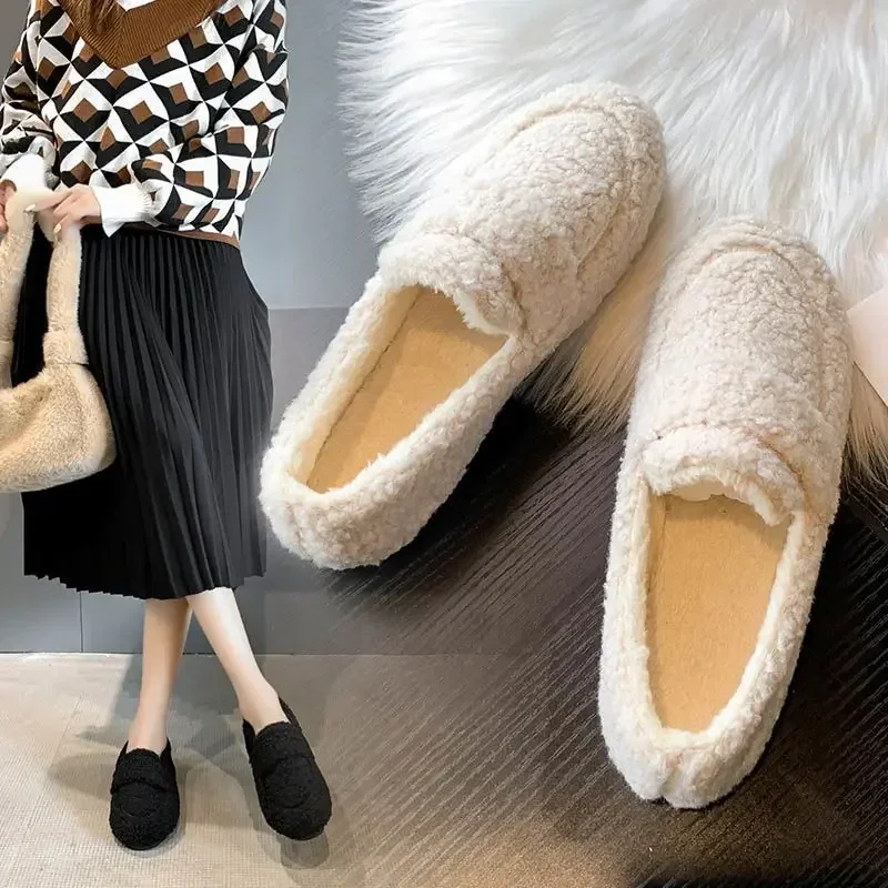 Women's Autumn Winter Casual Fashion Lamb Wool Plus Velvet Warm Cotton Flat Loafers Single Shoes Comfortable Ladies Beans Shoes