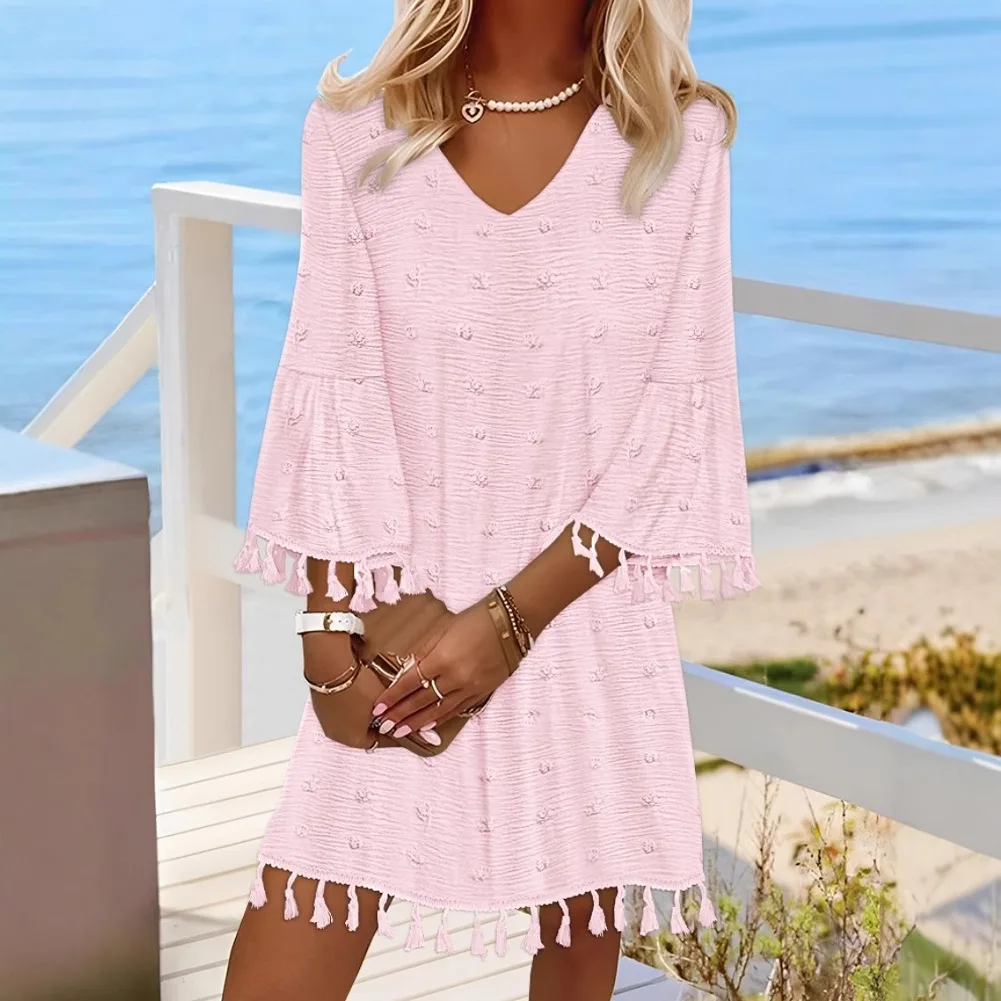 Robe Simple et élégante pour femmes, couleur unie, décontractée, col en v, manches évasées, pompon, décorative, ample, nouvelle collection printemps et automne 2025