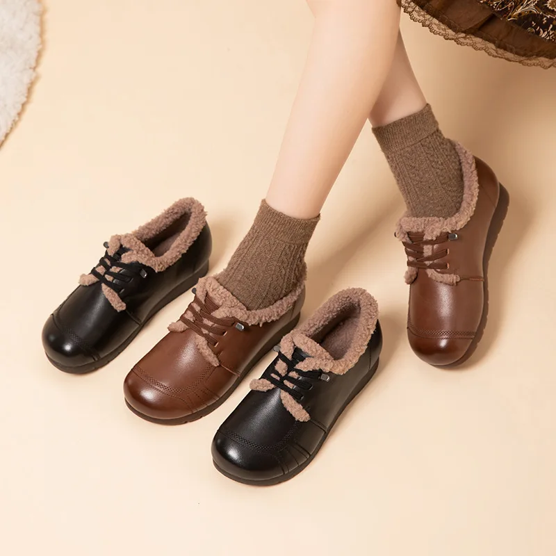 

GKTINOO Fashion Women Flat Shoes Round Toe Genuine Leather Loafers Ladies Winter Warm Wool Soft Comfort Mom Shoes