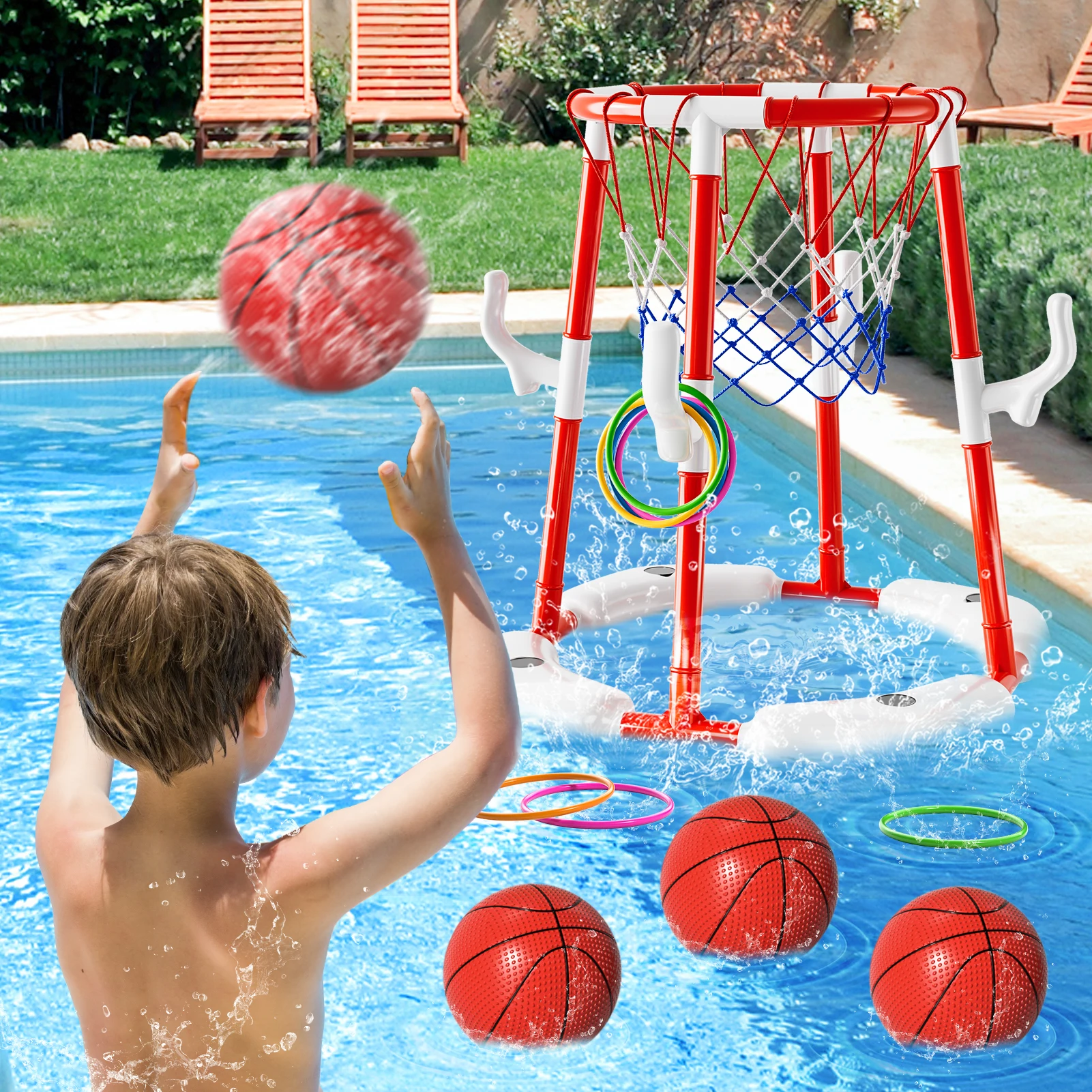 Jouets de cerceau de basket-ball de piscine d'été, jeu de piscine de basket-ball flottant, jouets de flotteurs de natation avec 4 balles, jouets de jeu d'eau intérieure et extérieure