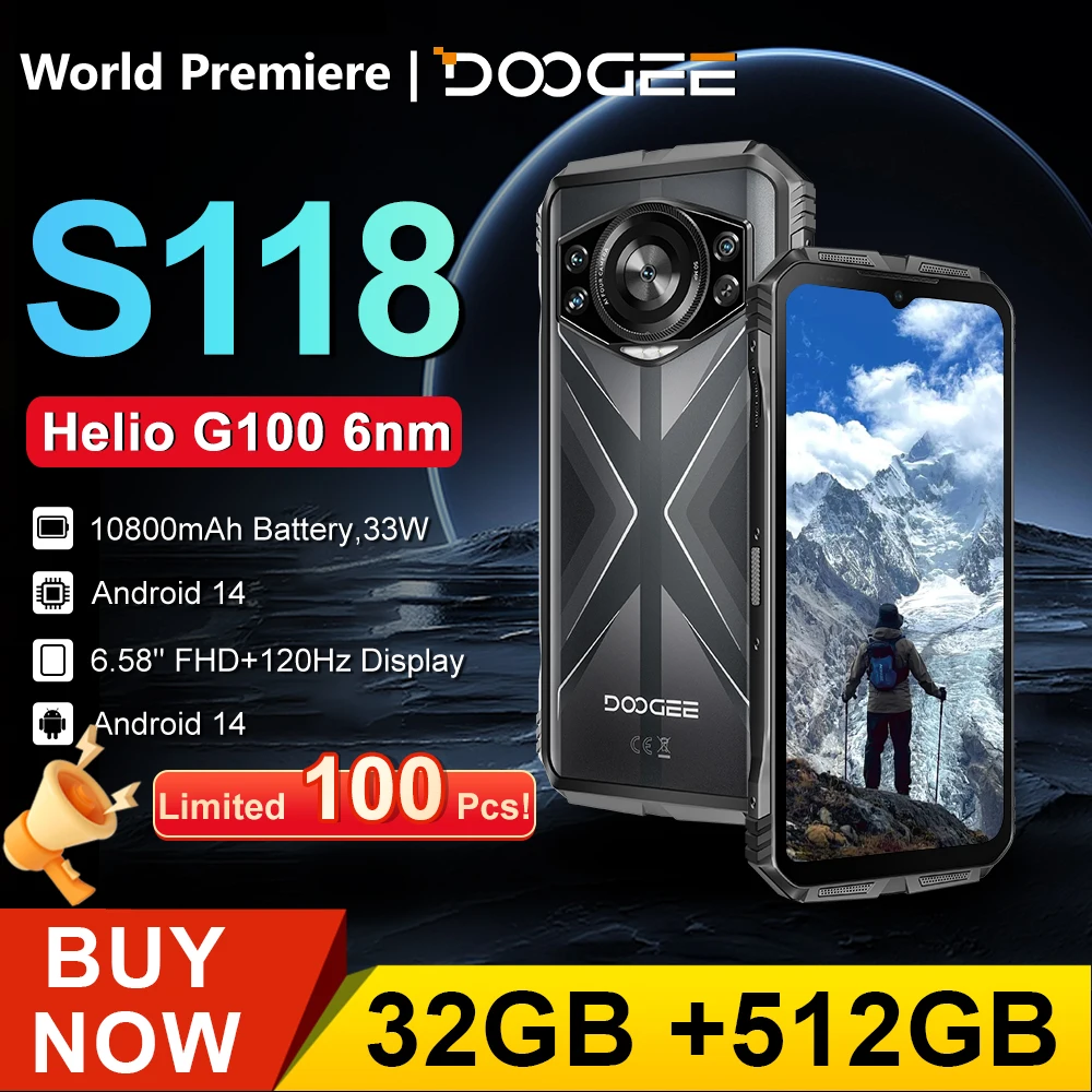 [세계 최초 공개] DOOGEE S118 스마트폰 32GB(12+20) 512GB G100 6nm 10800mAh 33W 안드로이드 14 NFC 견고한 셀폰