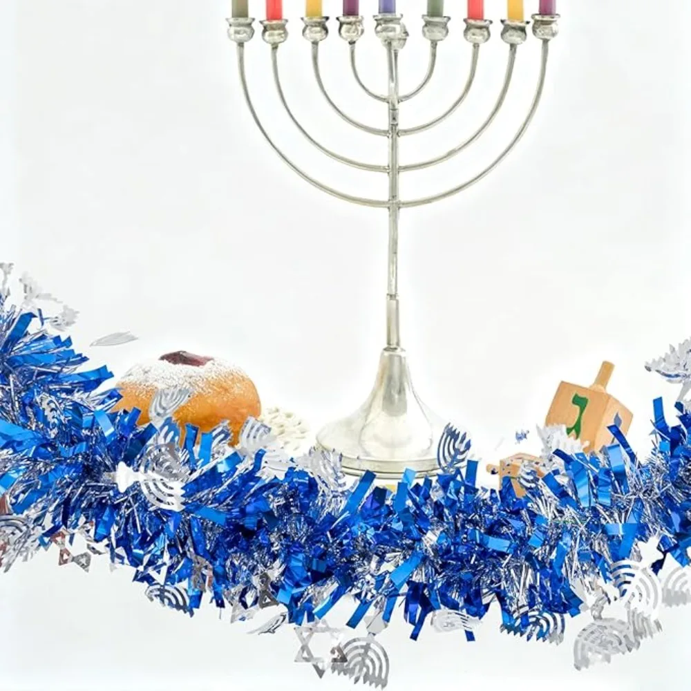 هانوكا بهرج جارلاند أزرق معدني تويست فويل بهرج جارلاند مع الشمعدان الفضي ونجمة داود الحلي إكليل معلق #6