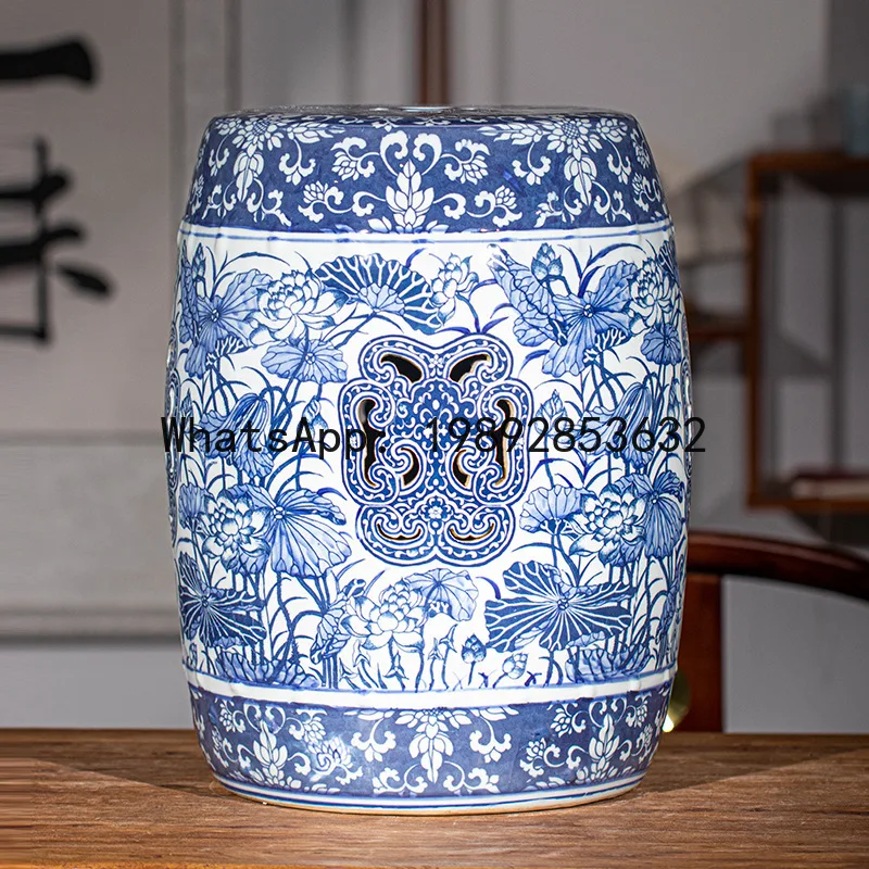 Blue and White Porcelain Ceramic Drum Stool Tea Room Balcony Ceramic Stool New Chinese Style Ceramic Decorative Ornament