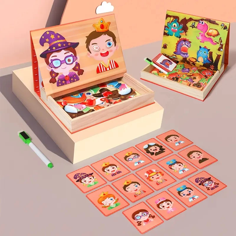 Jigsaw 3D Early Educational Animal Wood Magnetic Drawing Board Princess Dressing Montessori Puzzle Block Costume Game Kid Toy