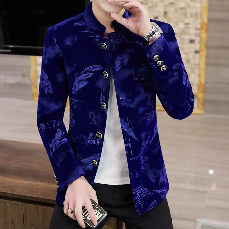 

Мужской повседневный приталенный пиджак с воротником-стойкой, модный, из хлопка и полиэстера, с длинными рукавами, для молодых мужчин