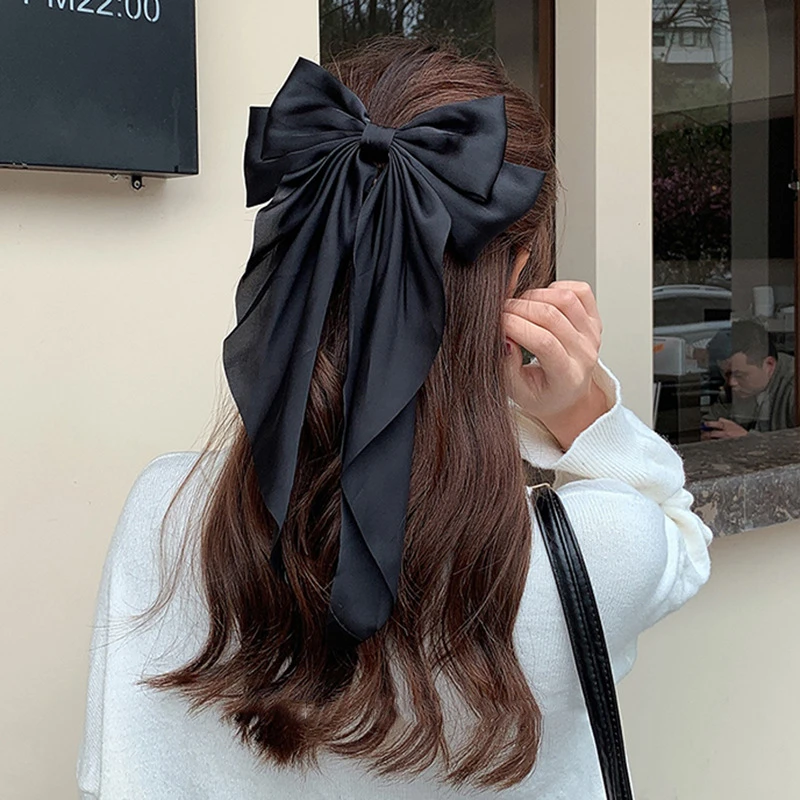 17KM Korean Black Red Big Bow Hair Clip For Women Girls Elegant Long Chiffon Ribbon Hairpins Barrette Hair Accessories Gifts