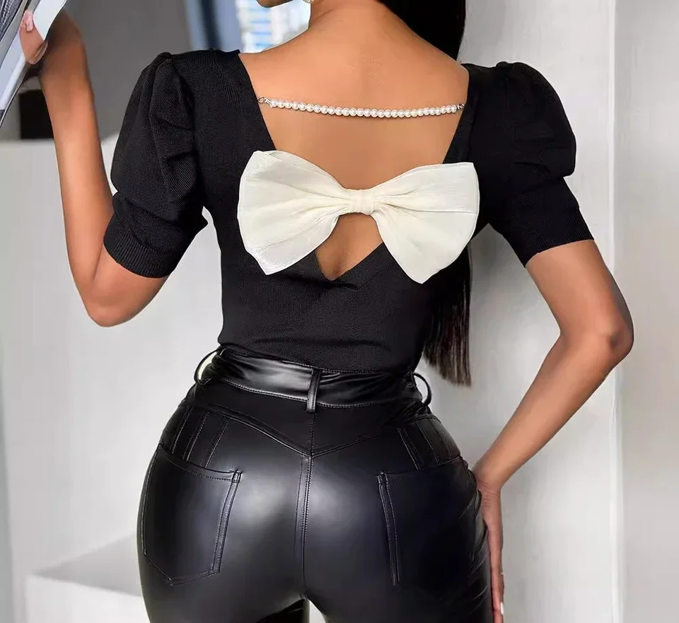 قمة الموضة امرأة الصيف 2024 جديد تنوعا ربطة القوس فيونكة عادية قصيرة الأكمام الظهر بلون Y2k تي شيرت للإناث الشارع الشهير #5