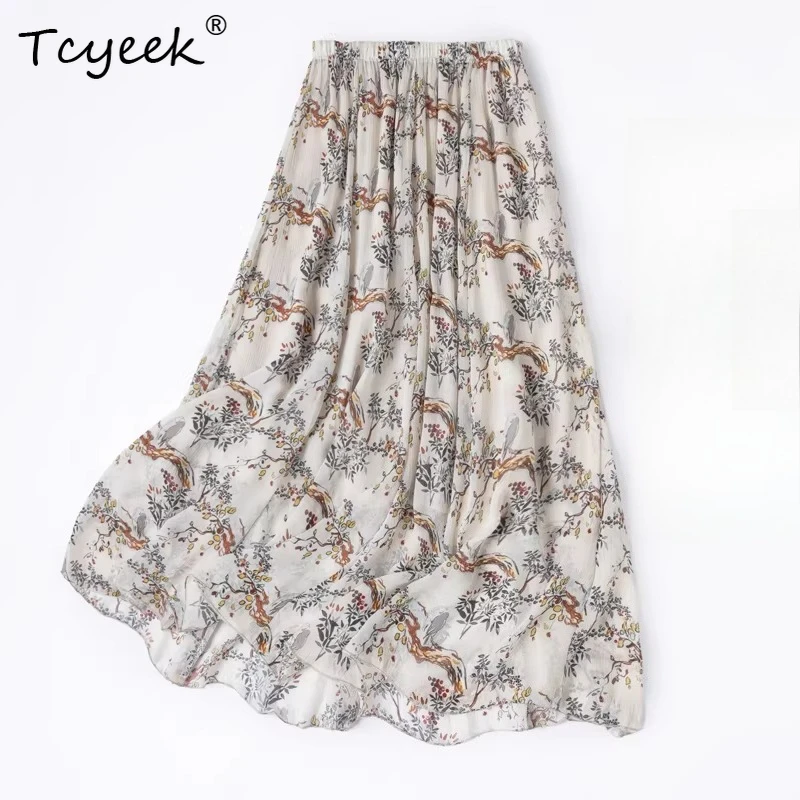 Tcyeek 100% Real Silk Women Long Skirts 2026 Spring Elegant Flowing Two-layer Beach Skirt Clothes for Ladies Faldas Para Mujeres