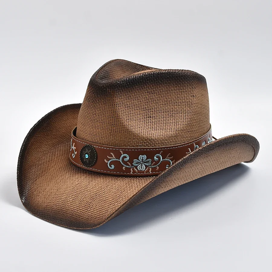 

Straw Cowboy Hats for Men's and Women's Vintage Curled Edge Western Beach Sun Shield Hat Panama Cowgirl Jazz Hat