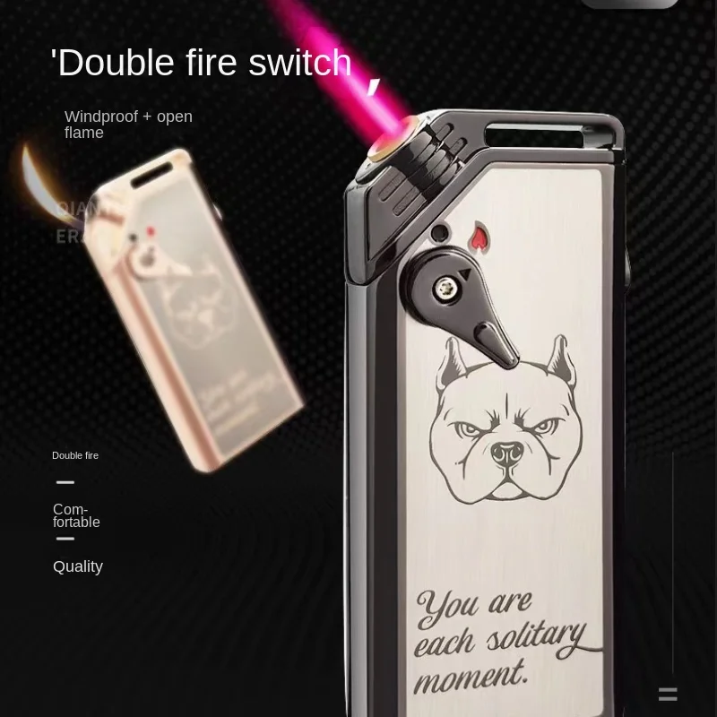 2023 Unusual Metal Windproof Open Flame Lighter Turbo Jet Red Flame Double Fire Switch Lighter Creative Cigar Lighter Men\'s Gift