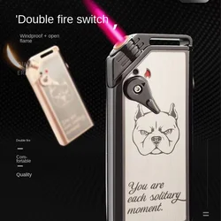 2023 Unusual Metal Windproof Open Flame Lighter Turbo Jet Red Flame Double Fire Switch Lighter Creative Cigar Lighter Men's Gift