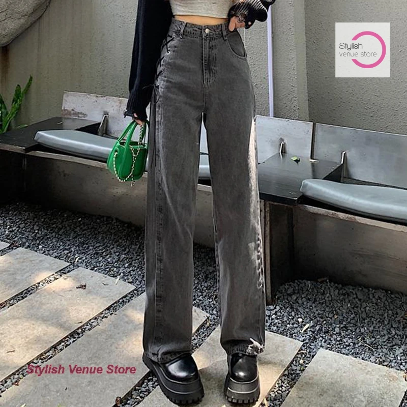 Koreaanse stijl rokerige grijze jeans met bandjes spice meisjes lente en herfst nieuwe losse wijde pijpen veelzijdige rechte design casual broek.