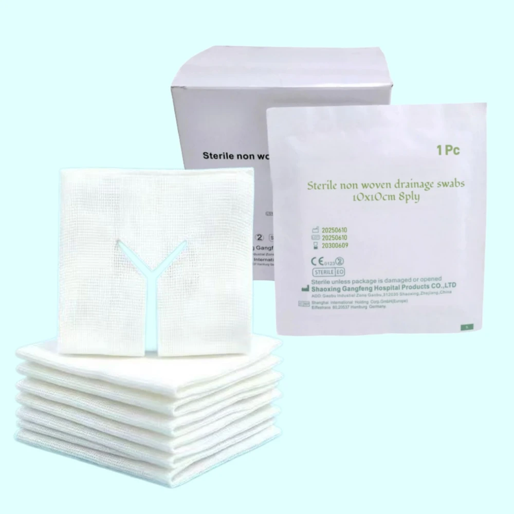 10Pcs Sterile Drain Sponges 8Ply Gauze T Slit Pre Cut Absorbent Latex Free Tracheostomy IV Wound Care