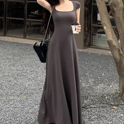 Summer Thin Dresses Casual Square Collar Ladies Slim Pullovers Long Dress 2023 New Temperament Short Sleeve Women's Clothing