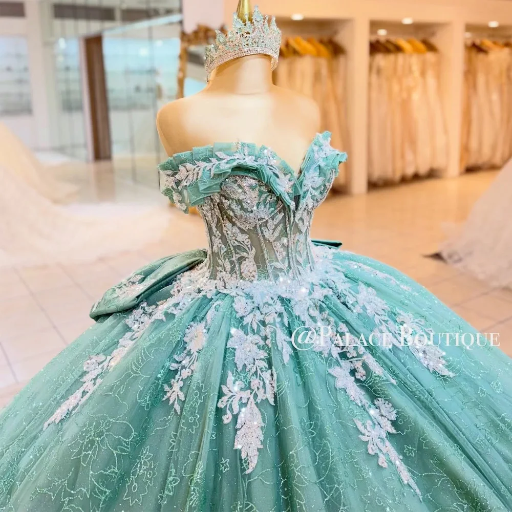 Luxury Mint Green Quinceanera Dress Sweet 15 16 Ball Gown Crystal Beading 3D Floral Lace Appliques Big Bow Tulle Ruffles