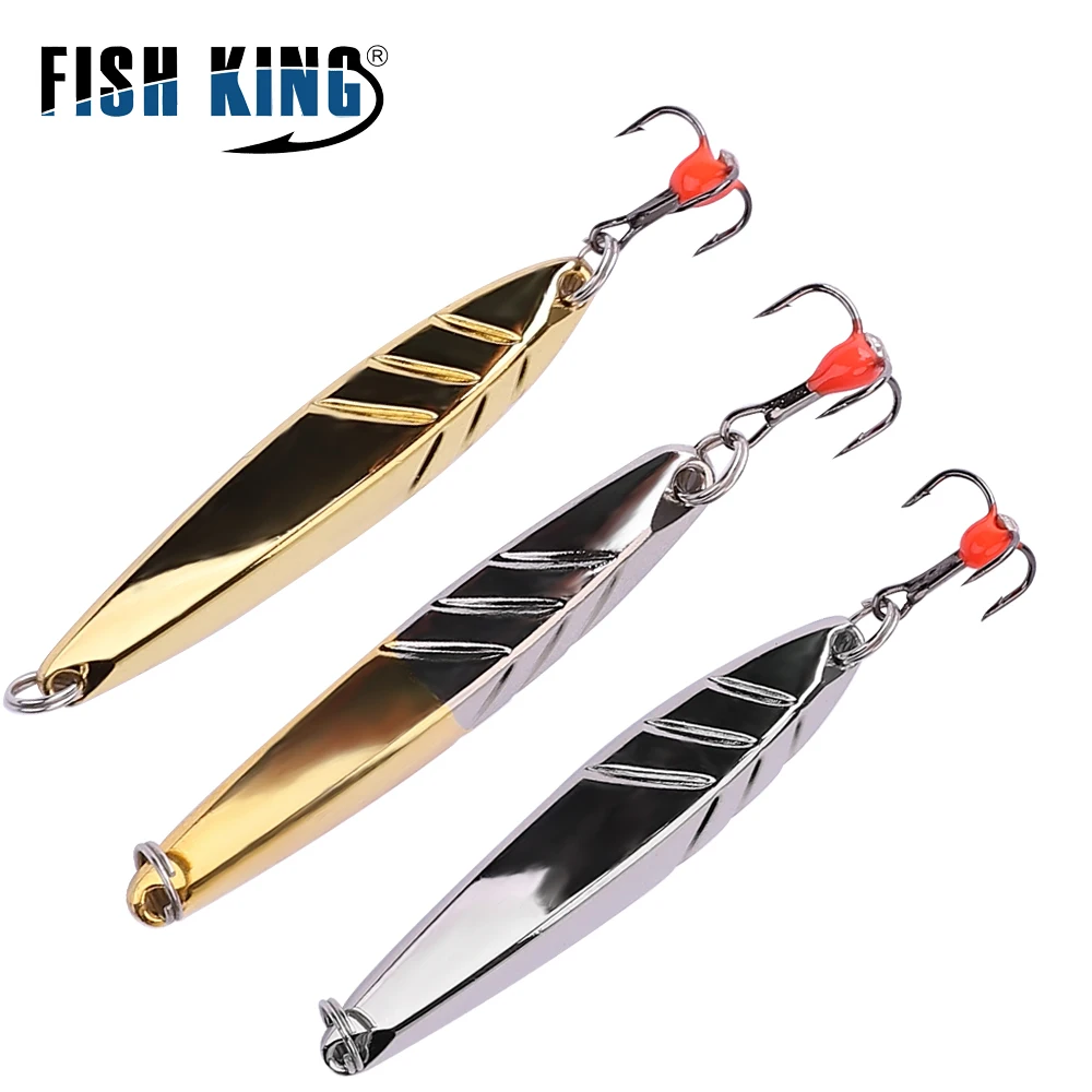 FISH KING Winter Ice Fishing Lure 5/10/15g Vertical Jigs Metal Spoonbait Hard Lure with Treble Hook for fishing of perch pike