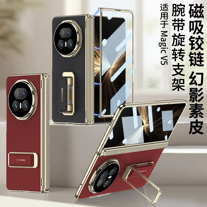 

Чехол для телефона Honor Magic V5 с ремешком на запястье, вращающейся подставкой, из гладкой кожи, с магнитной застежкой, защитная пленка, полное покрытие, чехол MagicV5