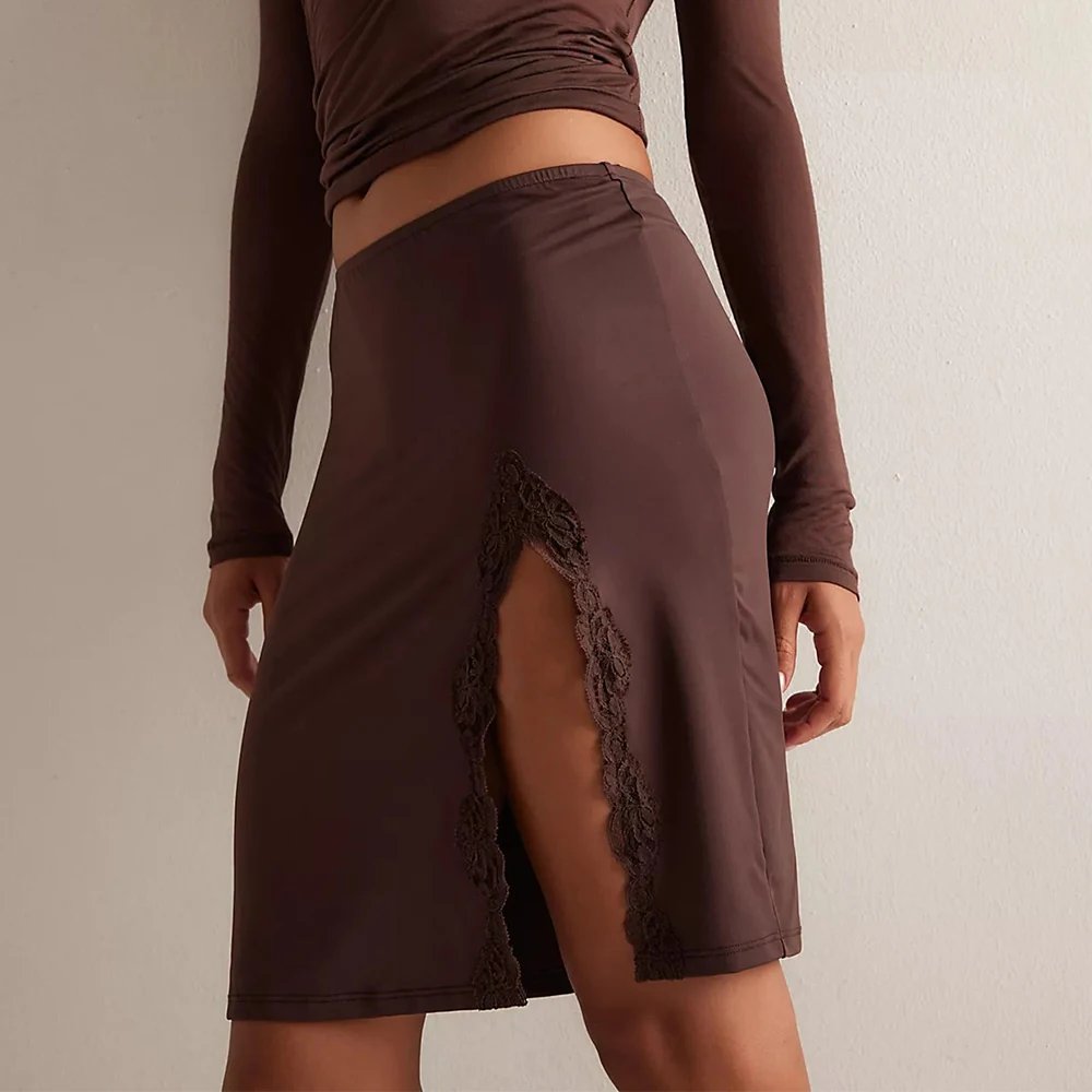 Damen y2k Vintage Boho Spitzenbesatz Patchwork Röcke Elegant Lässig Elastisch Niedrige Taille Split Saum Knielange Röcke Streetwear