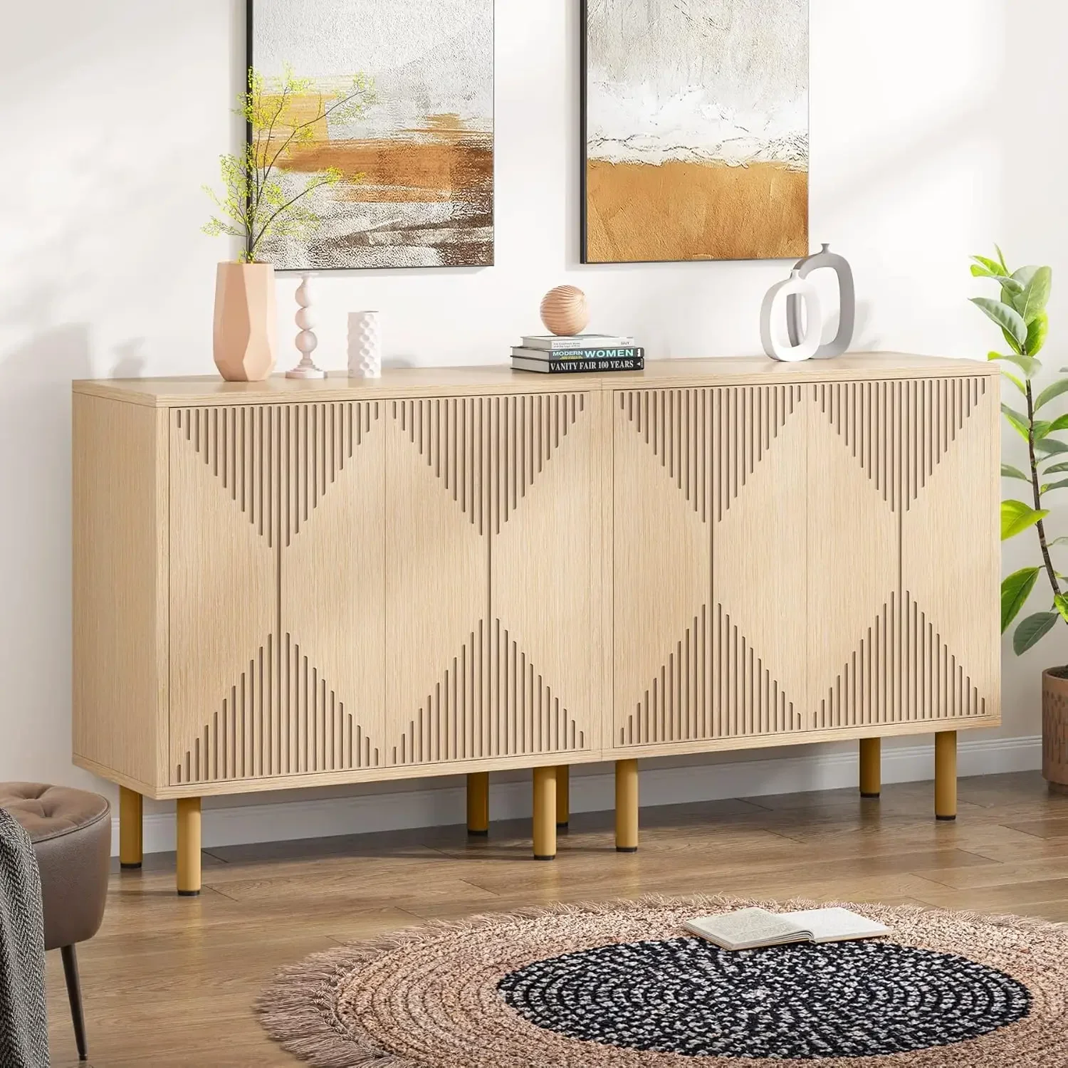 Modern Natural Storage Cabinet, Freestanding Floor Cabinet, Classic 59 inches Sideboard, Wood Buffet Cabinet with Doors