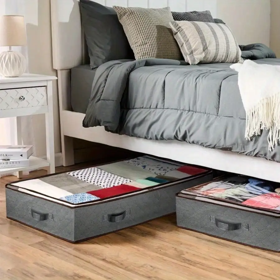 4pcs 90L Large Storage Bags, Clothes Storage Bins Foldable Closet Organizer Storage Containers With Durable Handles Thick Fabric For Clothing, Blanket, Comforters, Bed Sheets, Pillows And Toys (Gray), Under-Bed Storage view 2