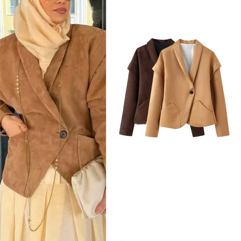 

Autumn New Women's Briti Sle Long Sve Suede Single Button Casual ort Suit Jaet Coat Turn-down Collar Leisure Polye...