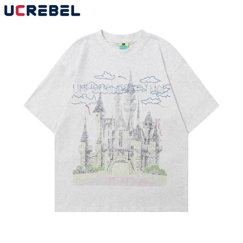 Castle Print Short Sleeve T-shirt Mens Vintage High Street Loose Half-Sleeve Cotton Crew Neck Tee Men