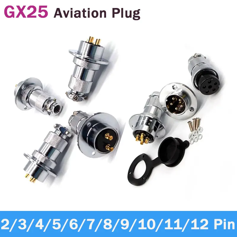2Pin GX25 Aviation Plug 3/4/5/6/7/8/9/10/12Pin Glod-plated AE Plug Socket  Female Flange Seat Threaded DF25M Soldering Connector
