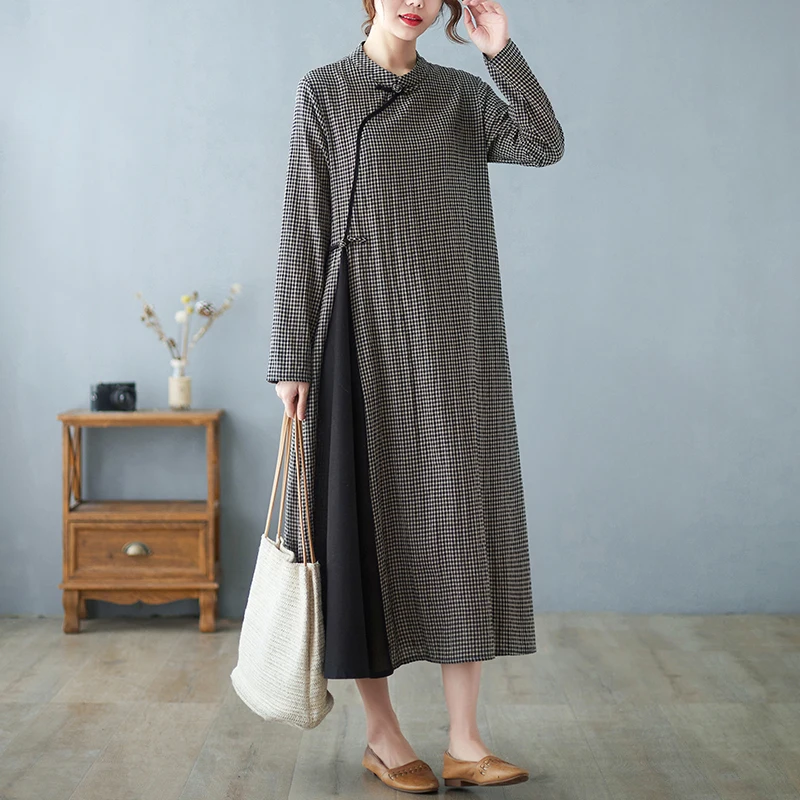 

NYFS 2023 Autumn New Womens Dresses Vestidos Robe Ete Femme Elbise Loose Patchwork Plaid Cotton Linen Long Dresses